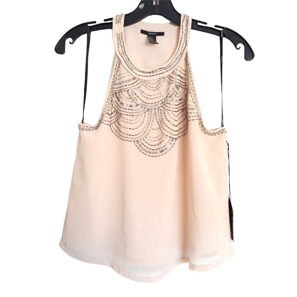 NEW Forever 21 Embellished Beading Halter Flowy Blush Pink Cream Blouse Size Sm